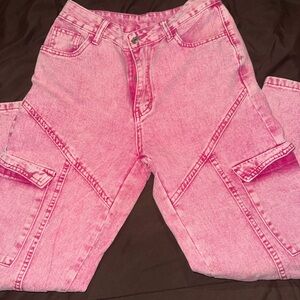 Acid wash; pink; wide leg, high waisted cargo jeans